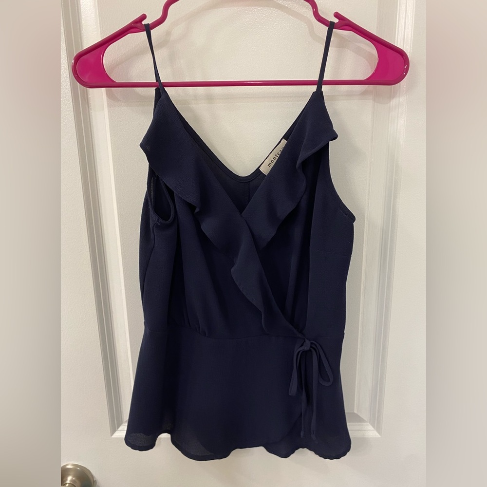 Monteau Navy Faux Wrap Ruffle Tank Size M